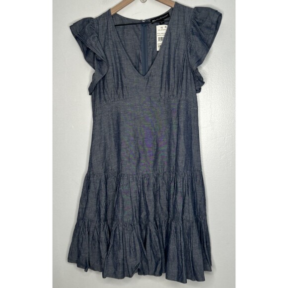 NWT Jill Stuart Dress Large V Neck Blue Chambray Mini Tiered Flutter Sleeve New - Picture 1 of 4